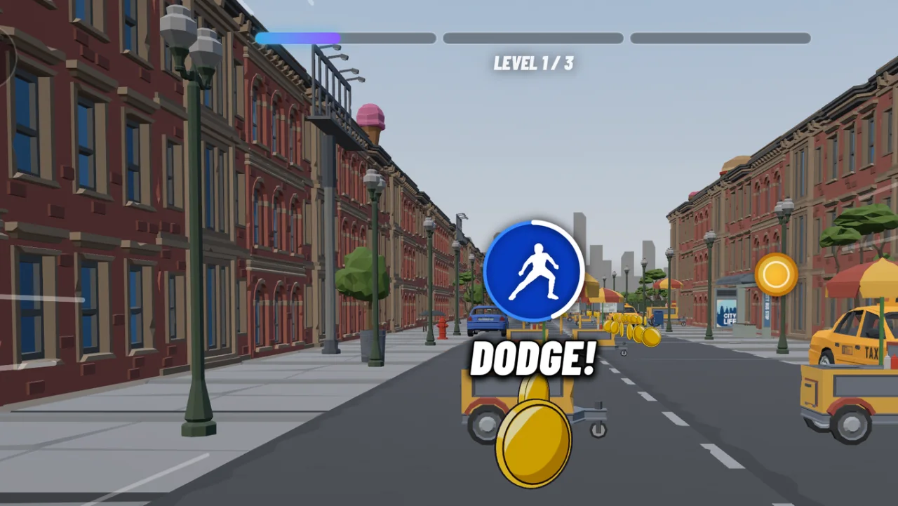 Hotrun city workout game showing a dodge challenge and collectible coins.
