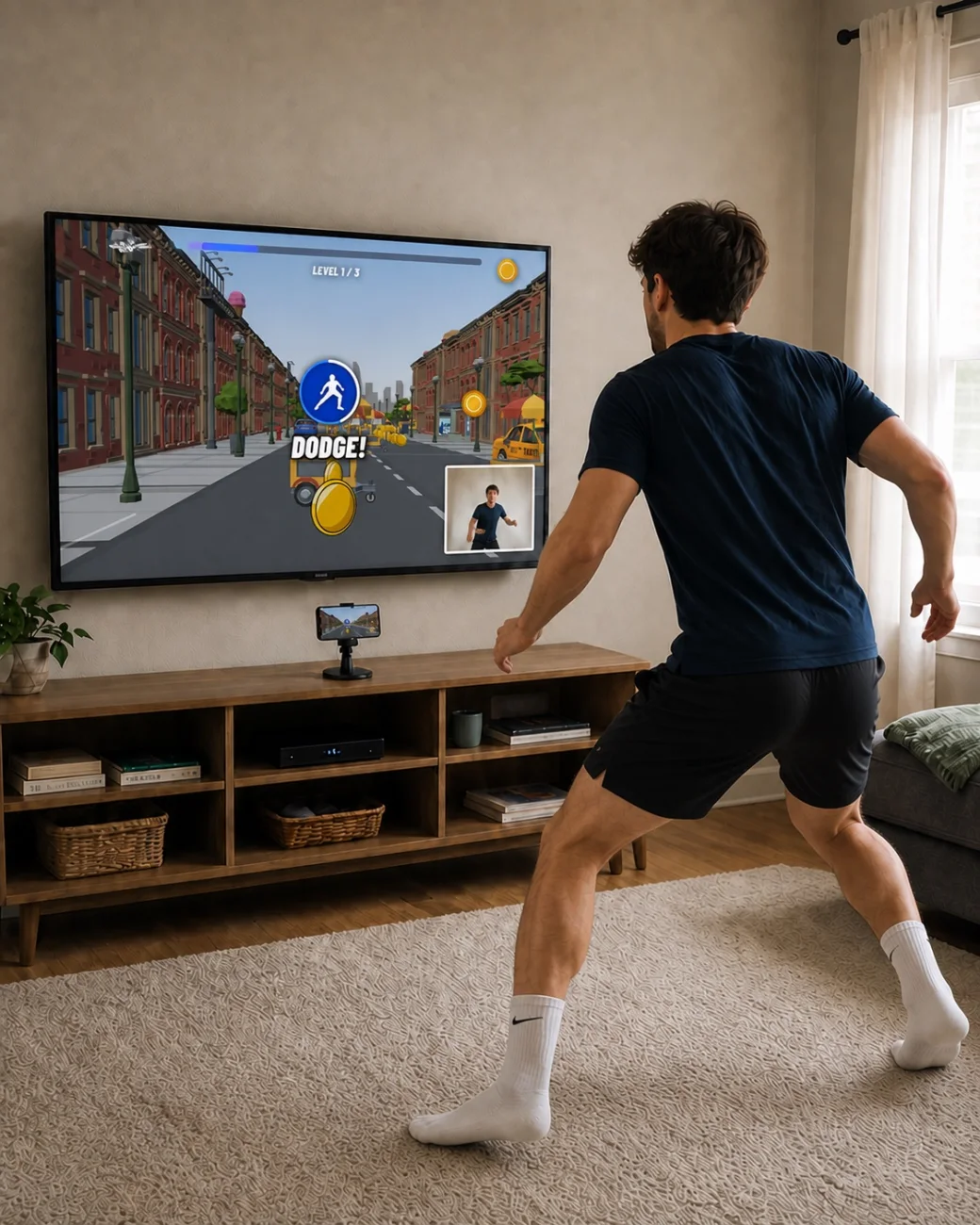 A Hotrun player dodging an obstacle while playing on a TV controlled by an iPhone.