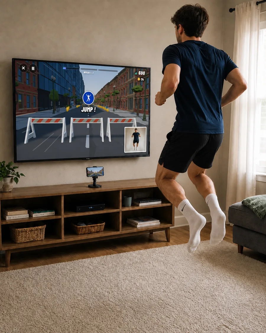 A player controlling Hotrun with full-body movement at home.