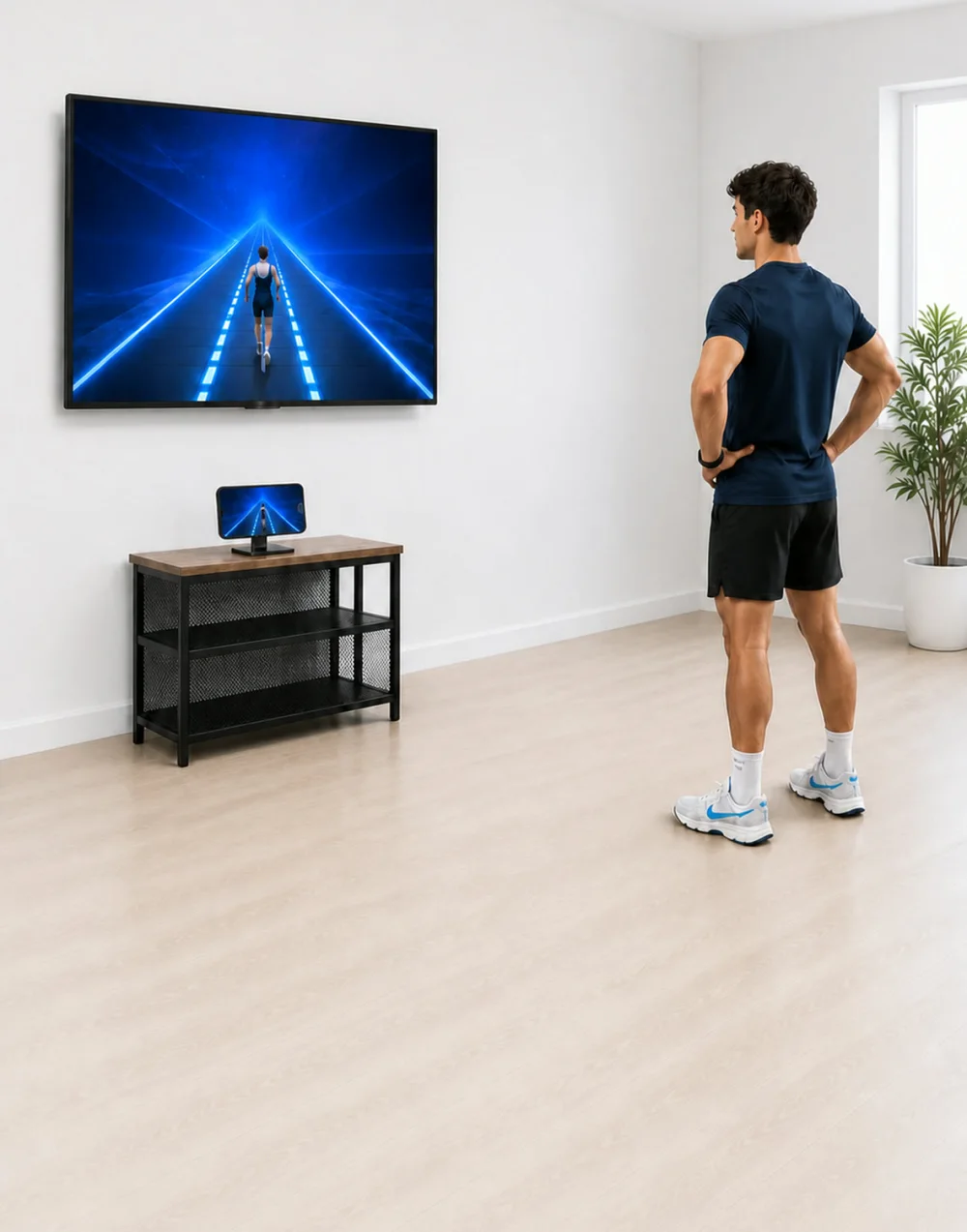 A person ready to play Hotrun on a television while an iPhone tracks movement.